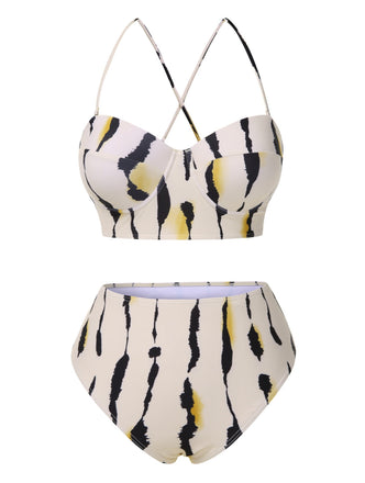 Beige 1950er Zurück Kreuz Träger Tinte Spritzer Bademode