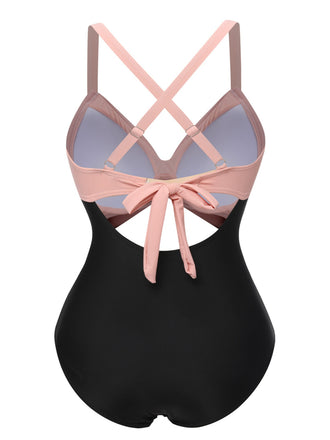 [Übergröße] Rosa & Schwarz 1940er Hohl Taillen Patchwork Badeanzug