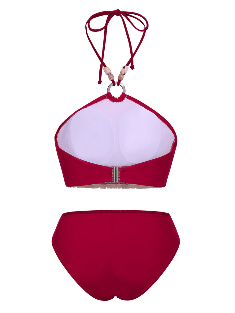 Rot 1970er Prinzessin-Stil Sicken Halfter Bikini Set