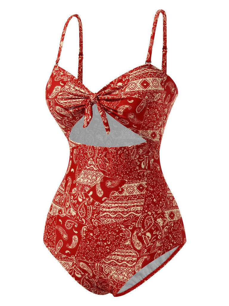 Rot 1970er Paisley Hohl Spaghetti Träger Badeanzug