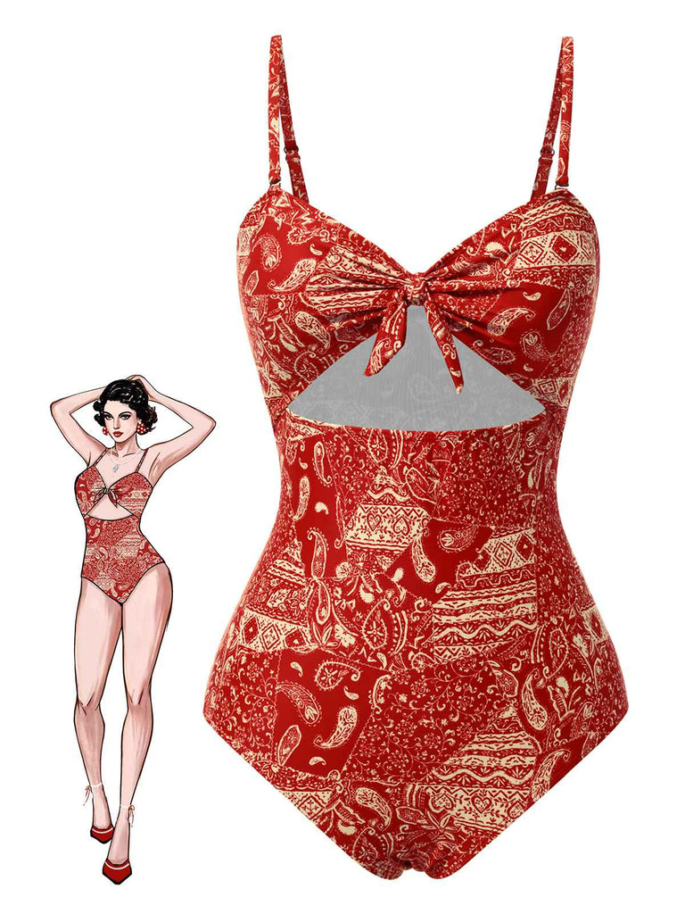 Rot 1970er Paisley Hohl Spaghetti Träger Badeanzug