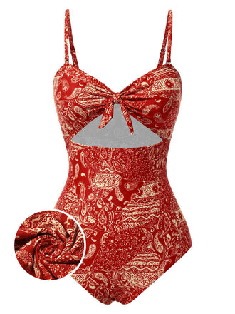 Rot 1970er Paisley Hohl Spaghetti Träger Badeanzug