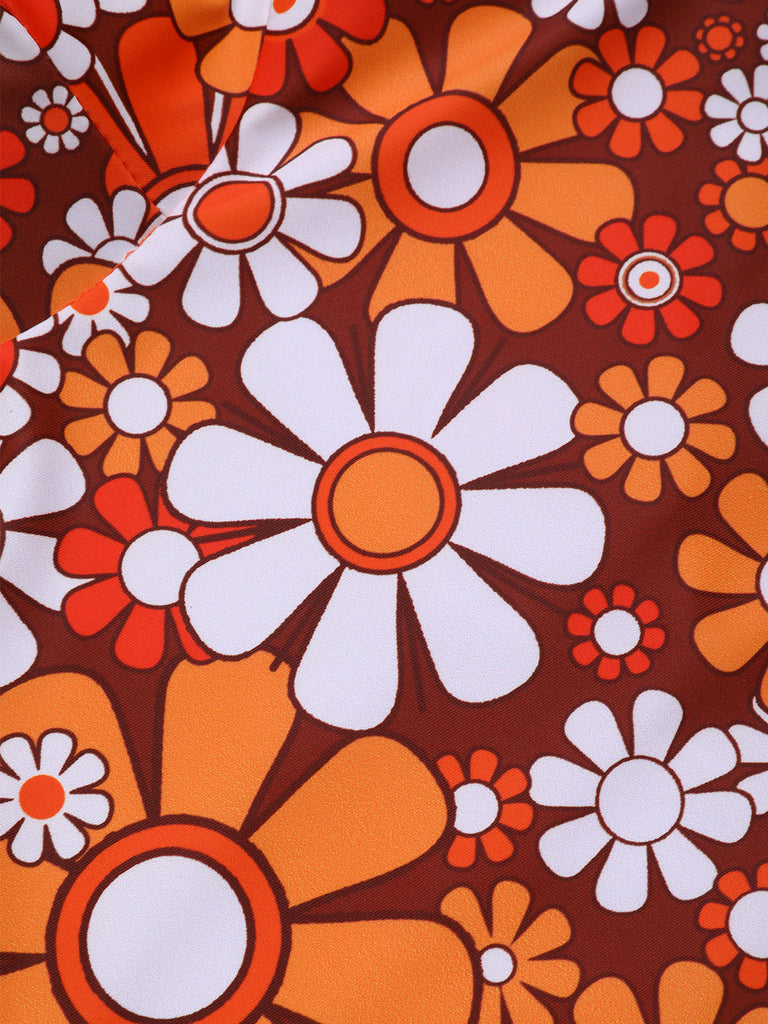 Braun 1960er Bohemien Psychedelisch Blumen Badeanzug