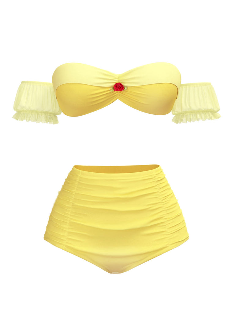 [Vorverkauf] Gelb 1970er Belle Princess Stil Rose Puff Bikini Set
