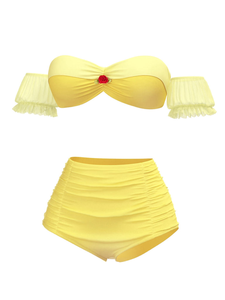 [Vorverkauf] Gelb 1970er Belle Princess Stil Rose Puff Bikini Set