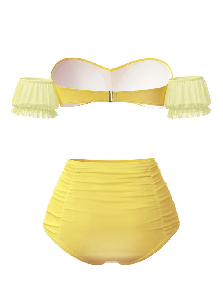[Vorverkauf] Gelb 1970er Belle Princess Stil Rose Puff Bikini Set