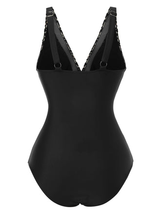 1950er Leopard Tief V-Ausschnitt Patchwork Badeanzug