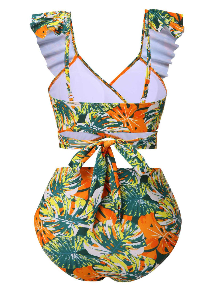 1960er Rüschen Träger Tropische Pflanzen Wickel Bikini Set