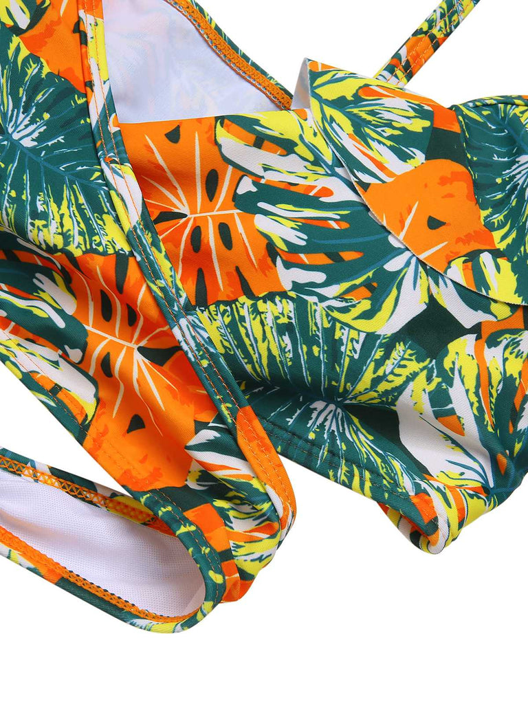 1960er Rüschen Träger Tropische Pflanzen Wickel Bikini Set