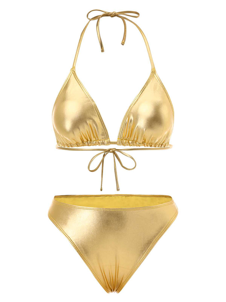 1970er Halter Metallisch Bikini & Gerüschtes Cover-Up