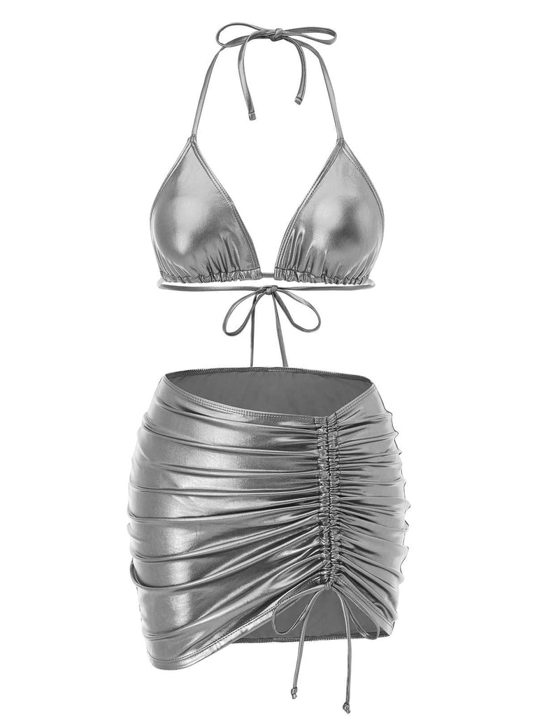 1970er Halter Metallisch Bikini & Gerüschtes Cover-Up