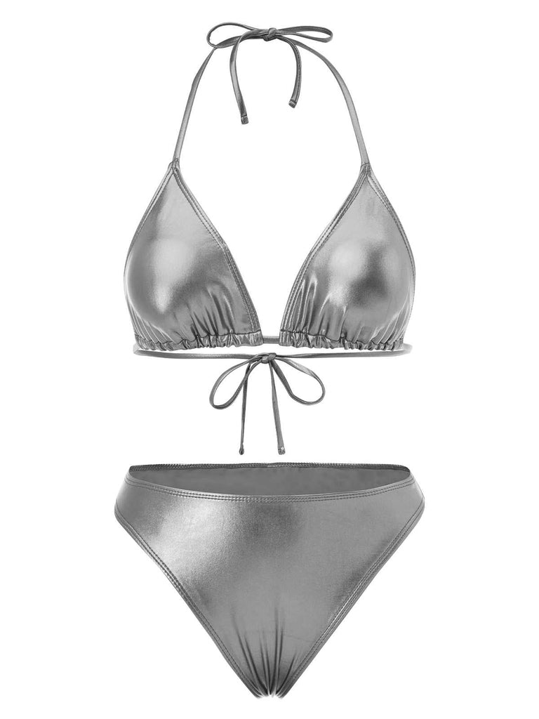 1970er Halter Metallisch Bikini & Gerüschtes Cover-Up