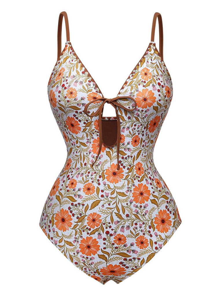 Khaki 1950er Blumen Schlüsselloch Badeanzug