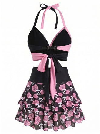 Schwarzer & Rosa 80er Gothic Bikini Set mit Totenkopf und Rose