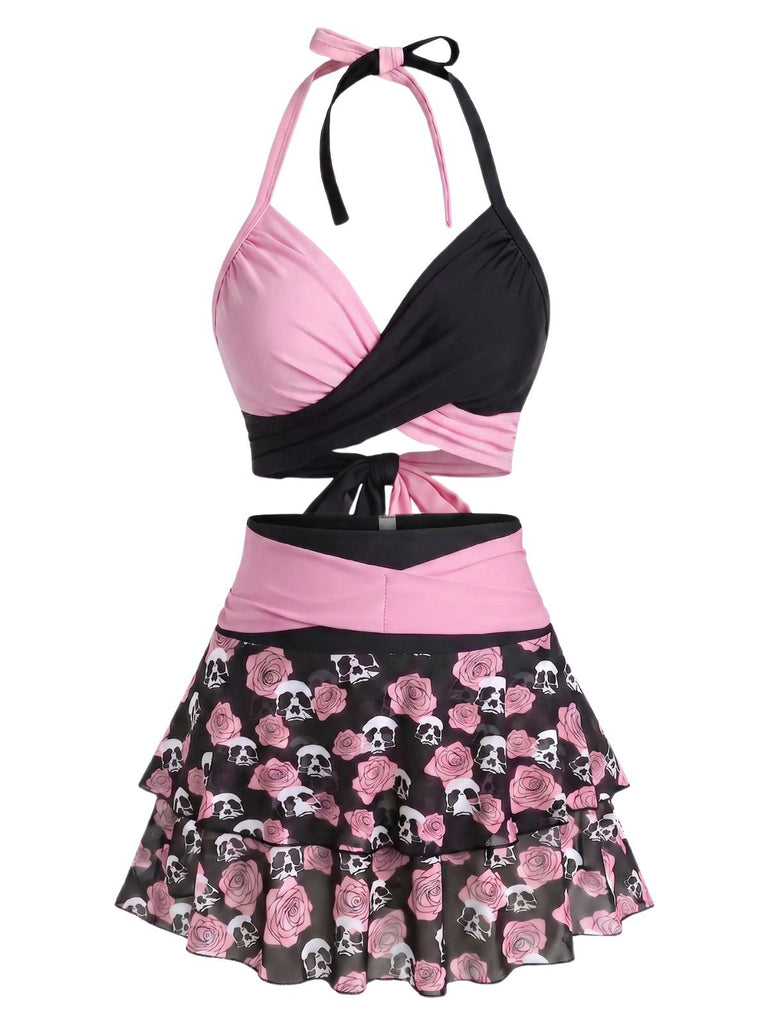 Schwarz & Rot 1980er Gothic Schädel Rose Halfter Rock Bikini Set