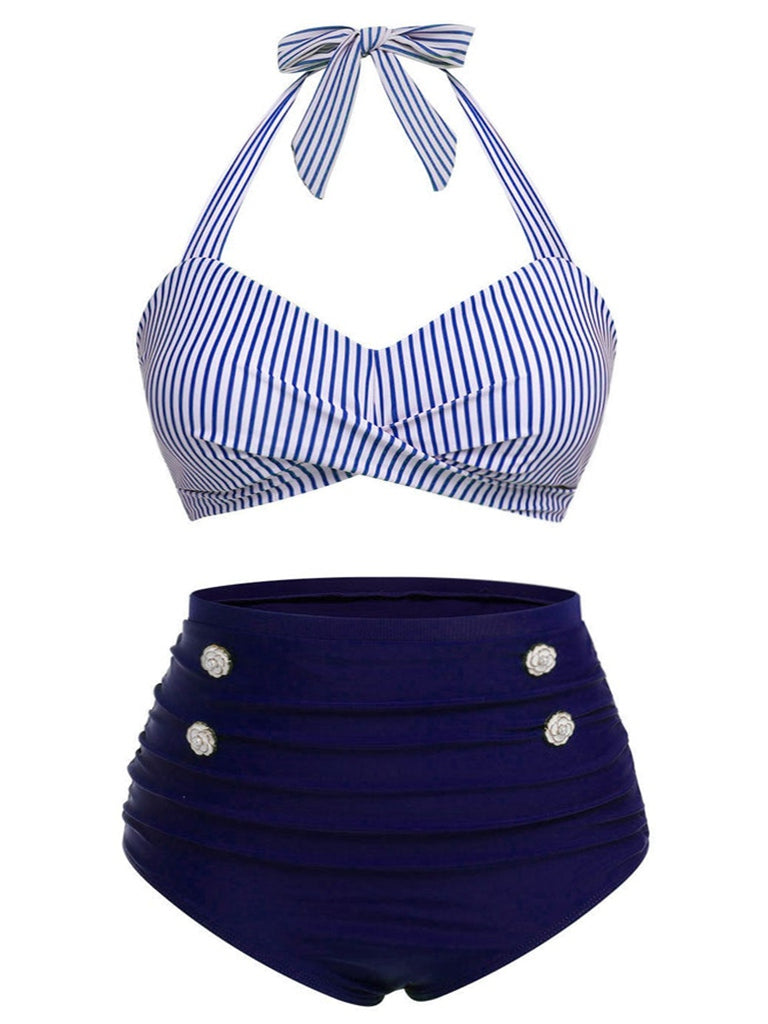 [Vorverkauf] [Übergröße] Blau 1940er Streifen Halter Bogen Bikini Set