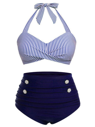 [Übergröße] Blau 1940er Streifen Halter Bogen Bikini Set