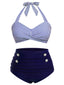 [Vorverkauf] [Übergröße] Blau 1940er Streifen Halter Bogen Bikini Set