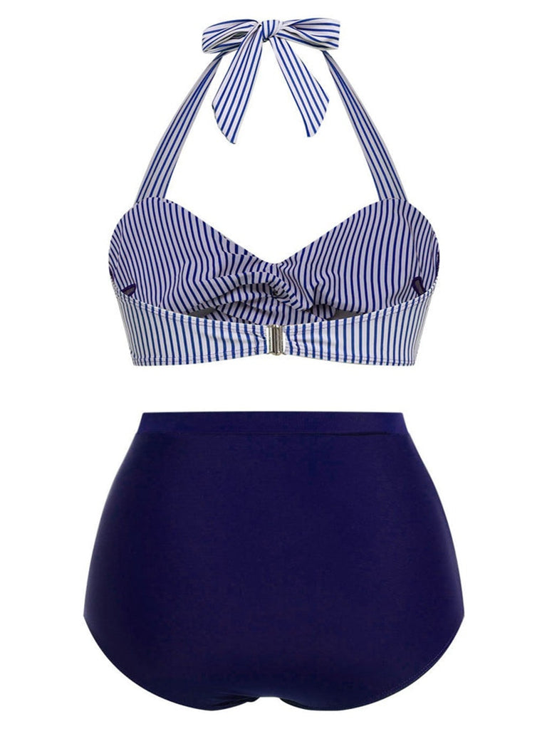 [Vorverkauf] [Übergröße] Blau 1940er Streifen Halter Bogen Bikini Set
