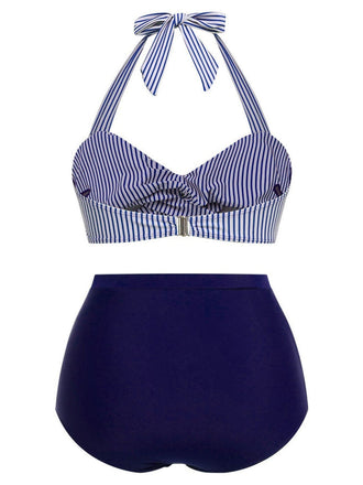 [Übergröße] Blau 1940er Streifen Halter Bogen Bikini Set