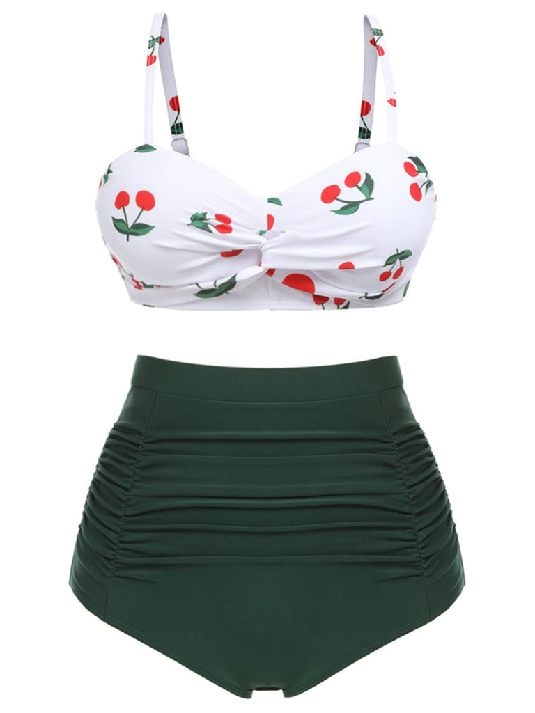 [Vorverkauf] [Übergröße] Grün 1950er Herzförmiger Ausschnitt Kirsche Spaghetti Träger Bikini Set