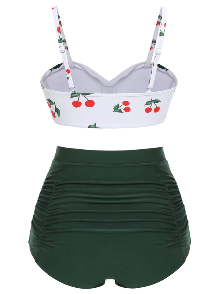 [Vorverkauf] [Übergröße] Grün 1950er Herzförmiger Ausschnitt Kirsche Spaghetti Träger Bikini Set