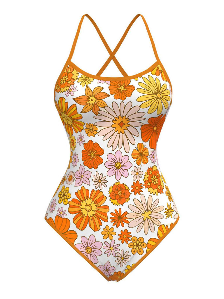 [Vorverkauf] Orange 1960er Daisy Kreuz Zurück Einteiliger Badeanzug