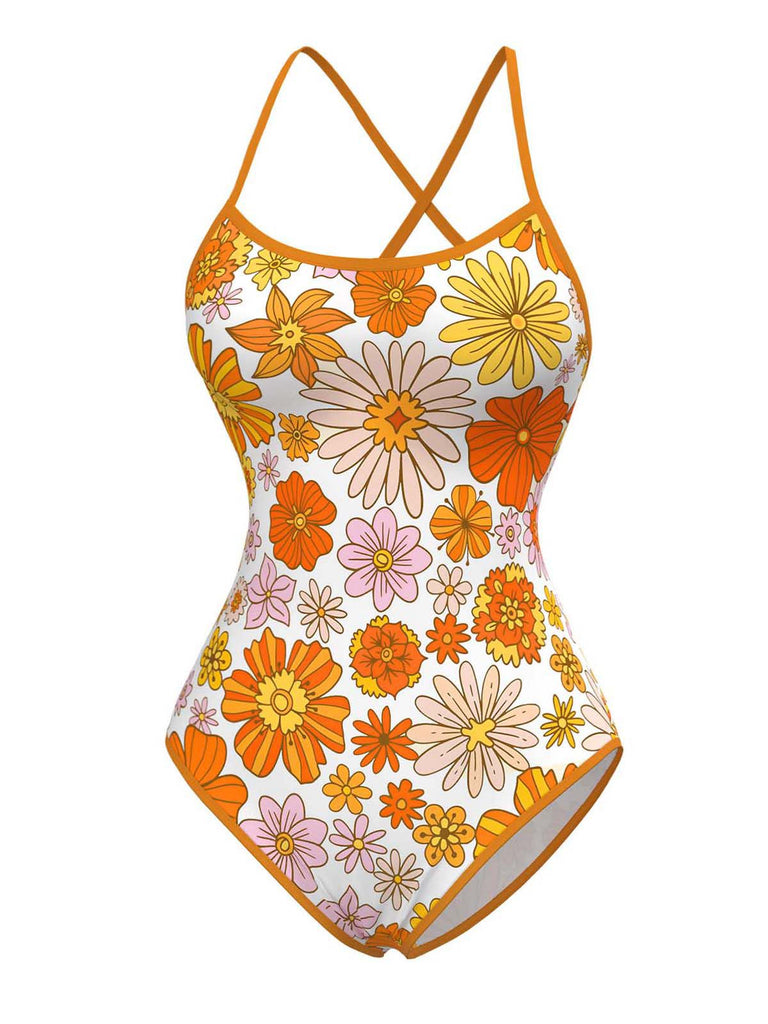 [Vorverkauf] Orange 1960er Daisy Kreuz Zurück Einteiliger Badeanzug