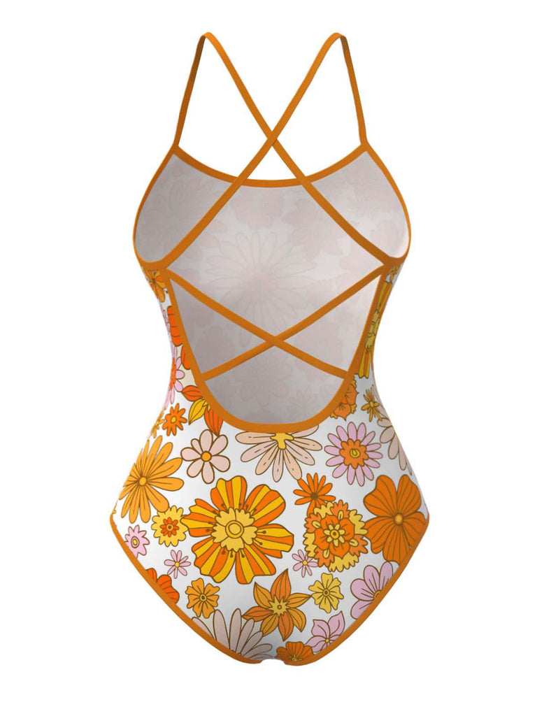 [Vorverkauf] Orange 1960er Daisy Kreuz Zurück Einteiliger Badeanzug