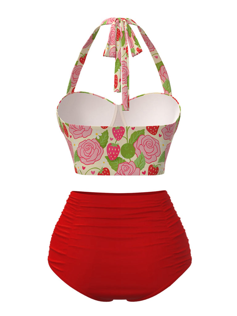 Rot 1950er Rose & Erdbeere Halter Badeanzug