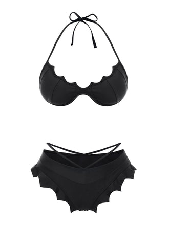 Schwarz 1980er Solide Gothic Fledermausflügel Bikini Set