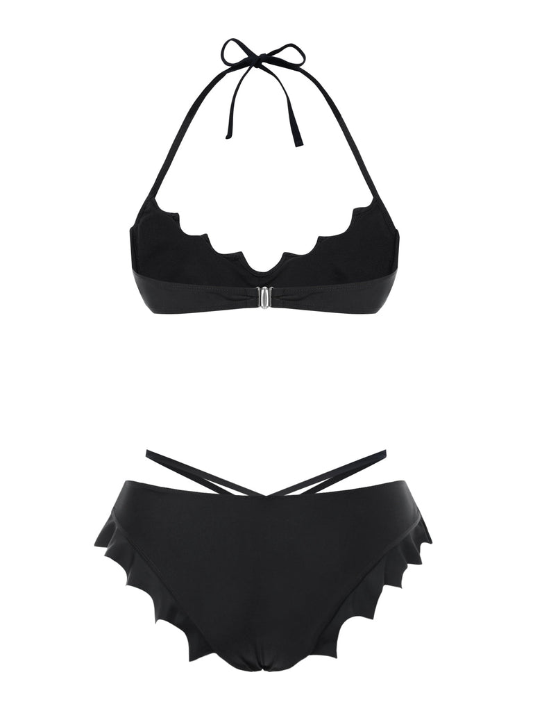 Schwarz 1980er Solide Gothic Fledermausflügel Bikini Set