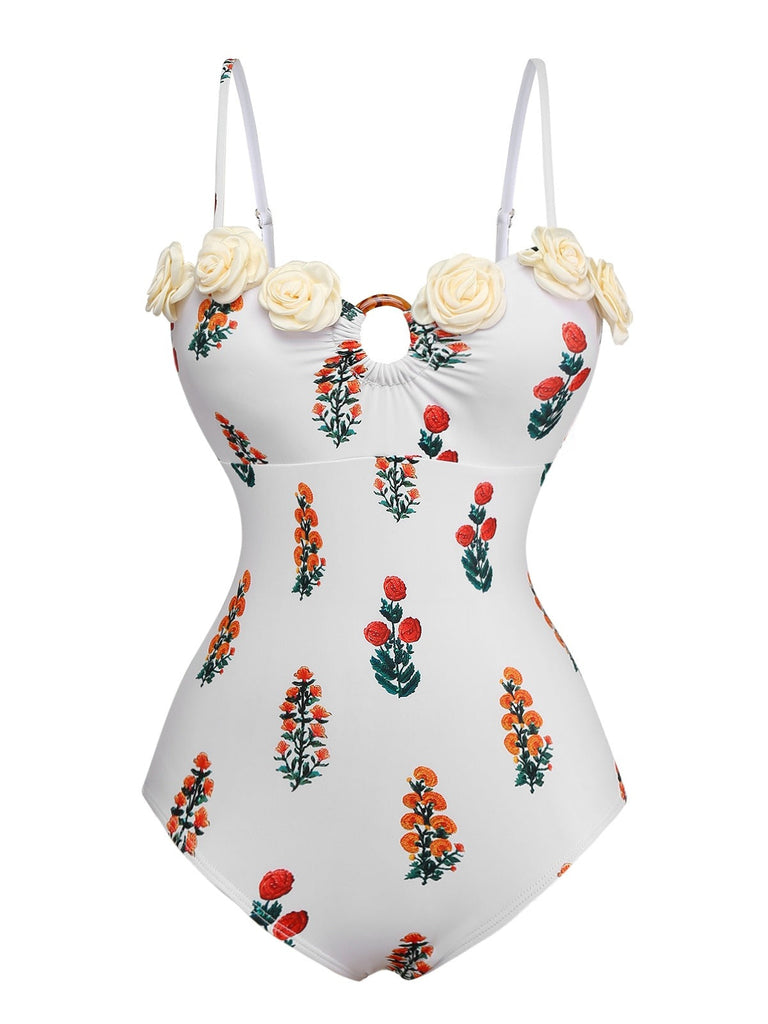 2PCS Weiß 1960er 3D-Blumen Spaghetti Träger Badeanzug & Cover-Up