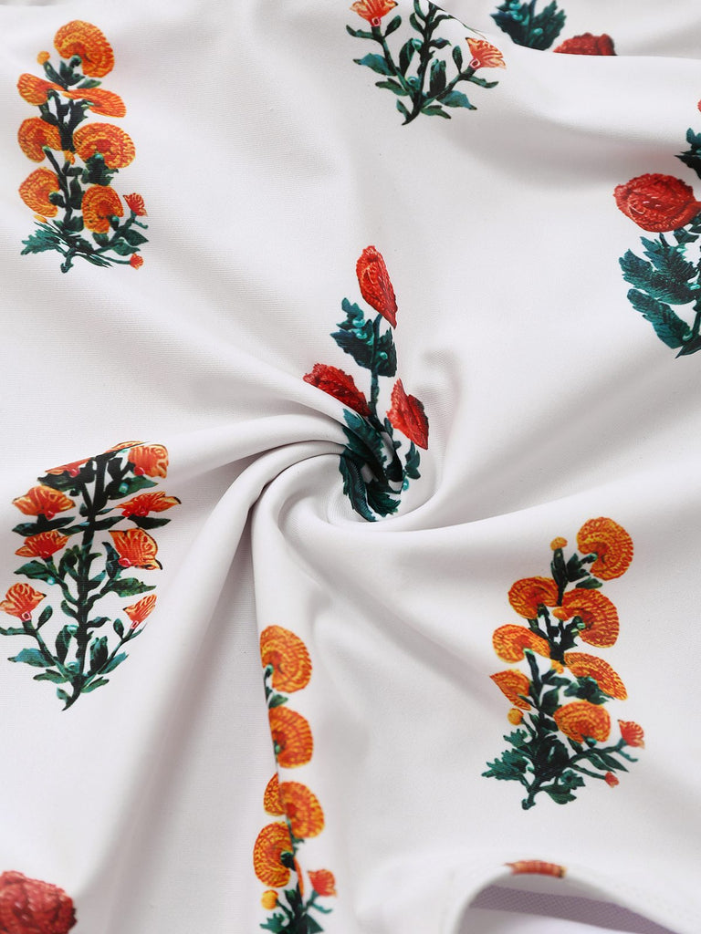 2PCS Weiß 1960er 3D-Blumen Spaghetti Träger Badeanzug & Cover-Up