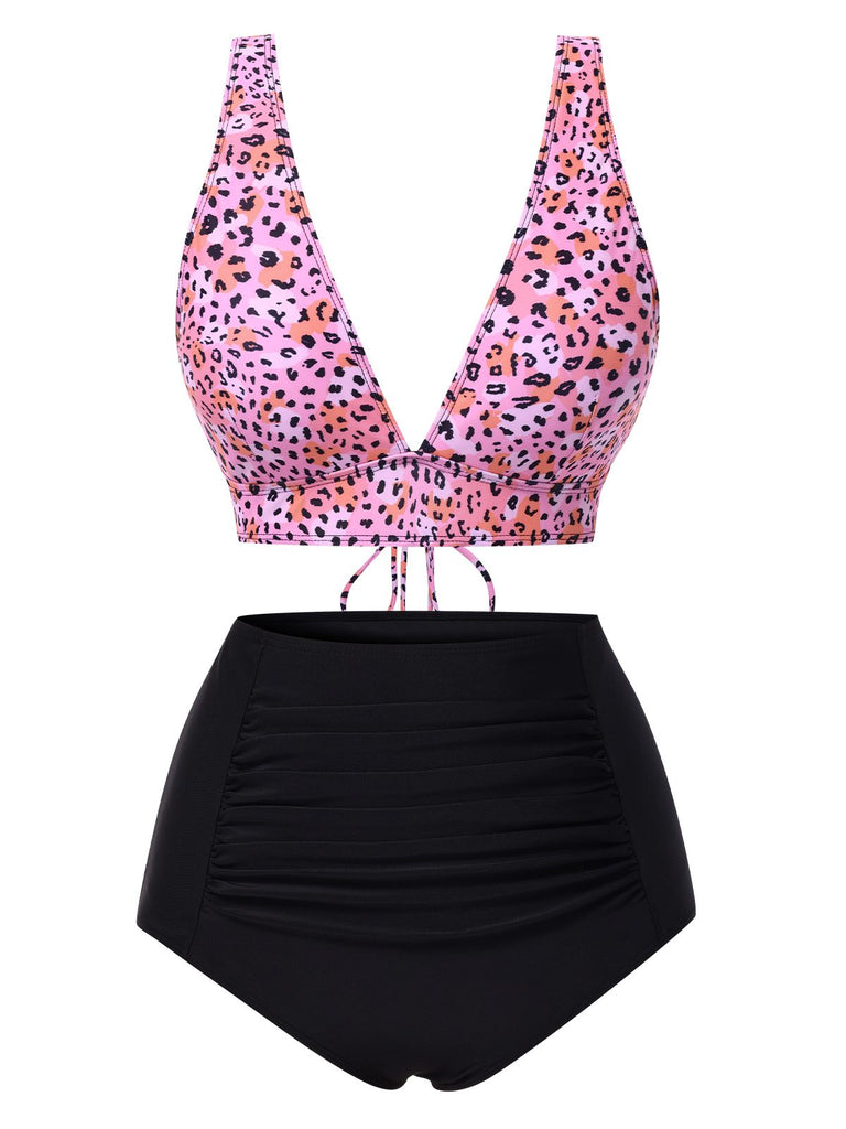 1950er Leopard Drucken Tief V-Ausschnitt Schnürung Bikini Set