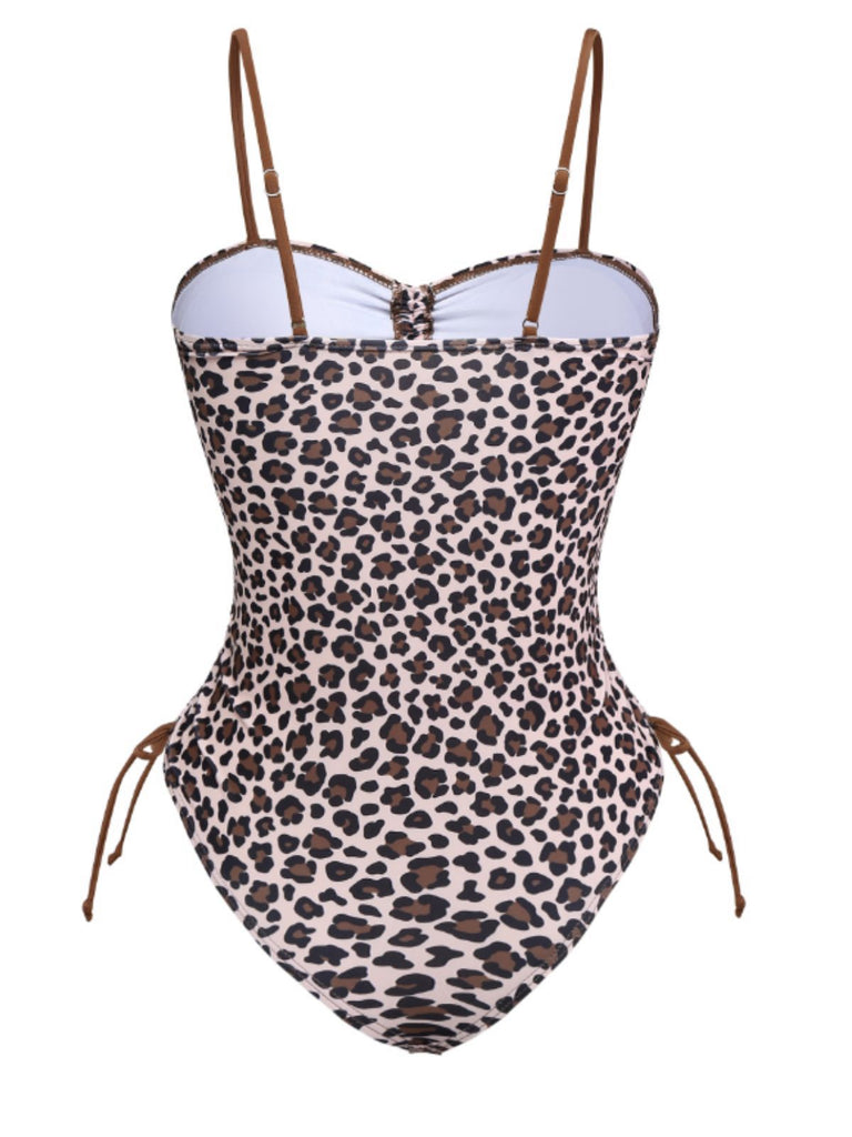 Braun 1940er Leopard Hohl Kordelzug Bademode