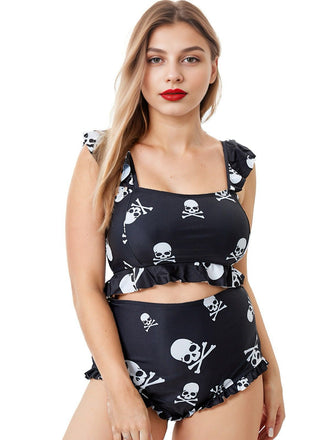 [Übergröße] Schwarz 1980er Gothic Schädel Rüschen Bikini Set