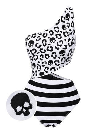 Schwarz 1980er Eine Schulter Hohl Skull Streifen Badeanzug