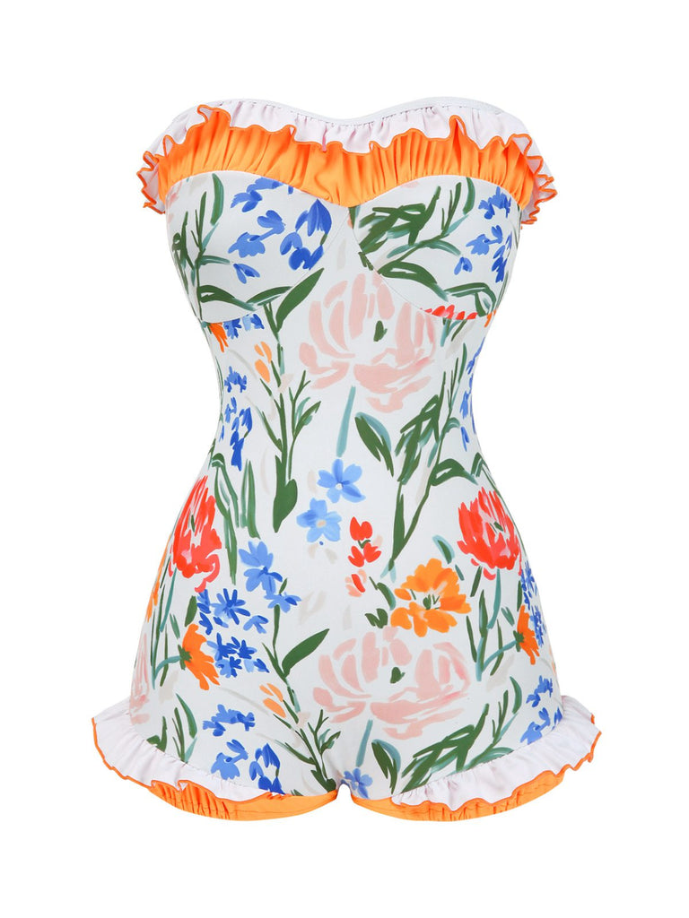 Mehrfarbig 1960er Gemalt Blumen Bandeau Badeanzug