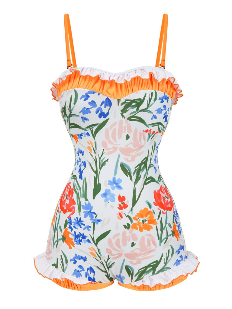 Mehrfarbig 1960er Gemalt Blumen Bandeau Badeanzug
