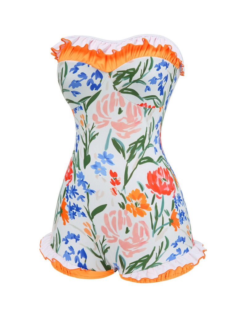 Mehrfarbig 1960er Gemalt Blumen Bandeau Badeanzug