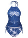 Blau 1970er Tropische Halter Schnürung Bademode