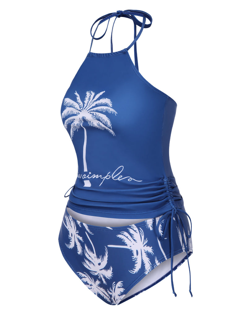 Blau 1970er Tropische Halter Schnürung Bademode