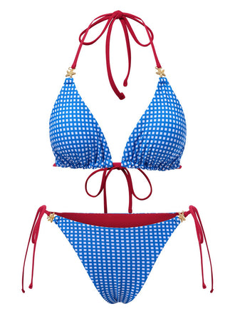 2PCS Blau 1950er Halter Plaid Legierungsstern Bikini Set & Shorts