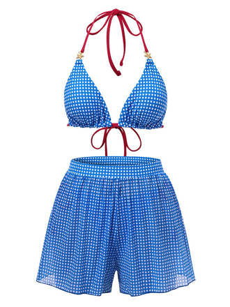 2PCS Blau 1950er Halter Plaid Legierungsstern Bikini Set & Shorts