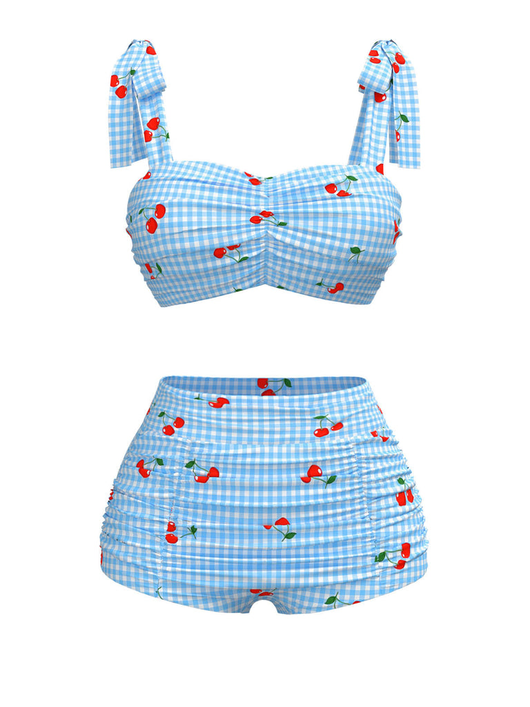 Blau 1950er Kirsche Plaid Schnürung Badeanzug