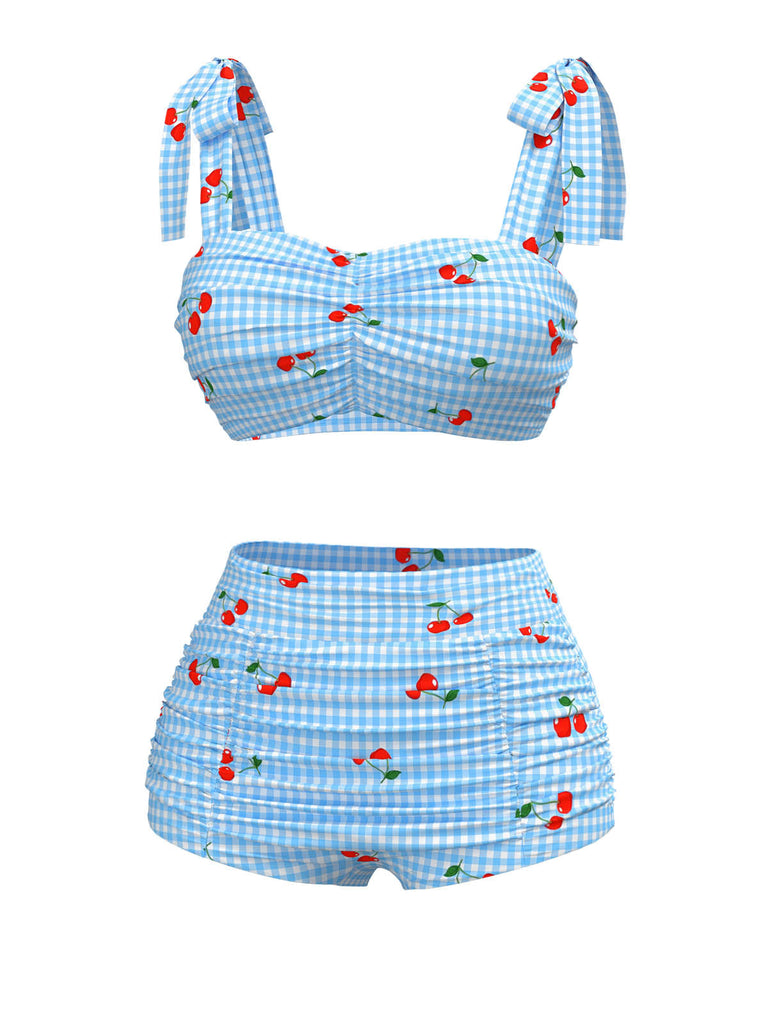 Blau 1950er Kirsche Plaid Schnürung Badeanzug