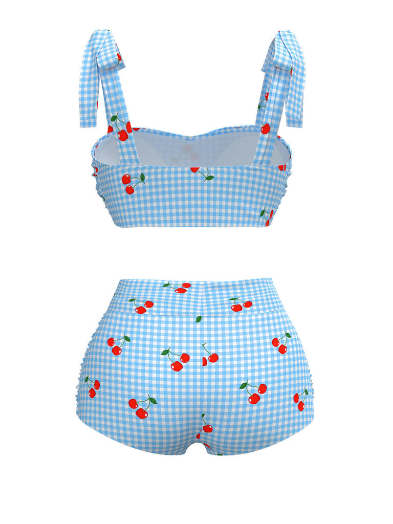 Blau 1950er Kirsche Plaid Schnürung Badeanzug