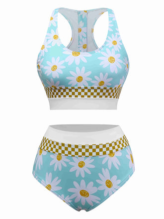 Blau 1960er Gänseblümchen Check Tankini Set
