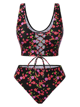 Schwarz 1940er Kleine Blumen Schnürung Tankini Set